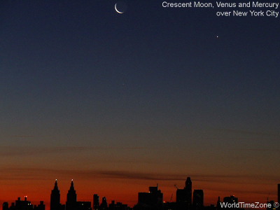 Crescent Moon Venus and Mercury Over Manhattan New York by worldtimezone