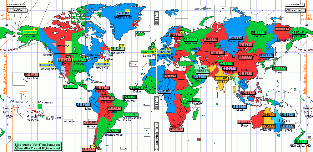 World Time Zones map 12 hour format