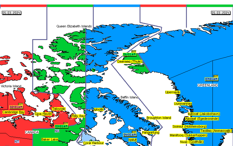 time zones map for northern Canada, Greenwich meridian time zones map, time zones map for eastern Canada, time zones map for Greenland, time zones map for Qaanaaq, time zones map for Thule, time zones map for Nuuk, time zones map for western Greenland 