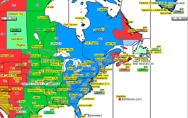 time zones map for Saint Pierre and Miquelon France, time zones map for Greenland, time zones map for Bermuda UK, time zones map for eastern United States of America USA, time zones map for eastern Canada, time zones map for northern Mexico, time zones map for Bahamas, time zones map for Newfoundland, time zones map for Florida, time zones map for New York, time zones map for Texas, time zones map for Ontario  