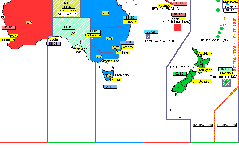 time zones map for Australia, time zones map for New Caledonia,  time zones map for Norfolk island , time zones map for Chatham island, time zones map for Lord Howd, time zones map for New Zealand,  time zones map for Tonga, International Date Line,  time zones map for Tasmania, time zones map for Kermadec 